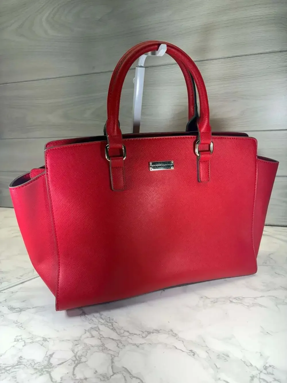 New York & Company Red Saffiano Faux Leather Structured Satchel Bag